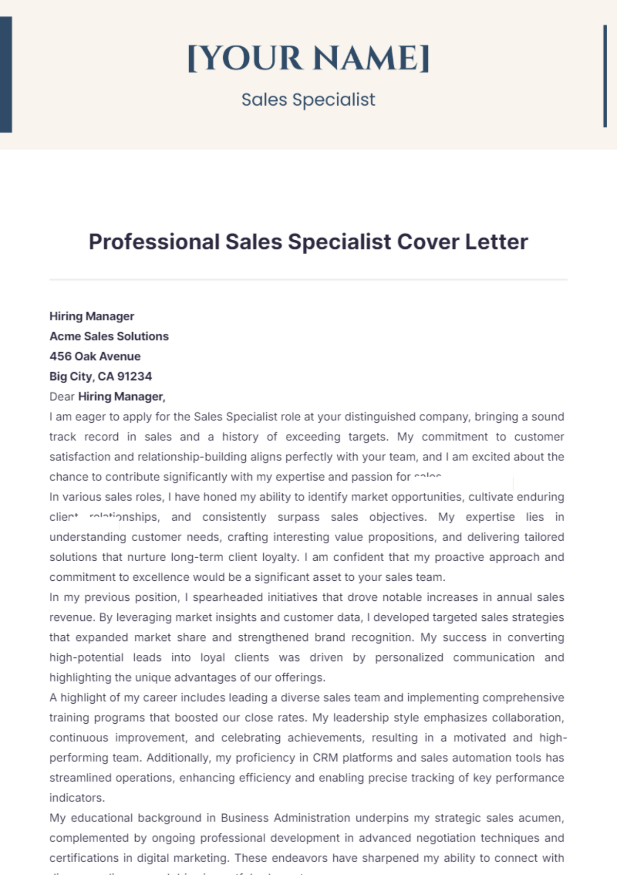 Professional Sales Specialist Cover Letter