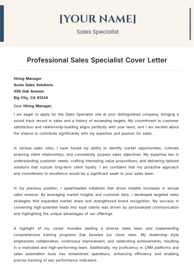 Free Professional Sales Specialist Cover Letter to Edit Online