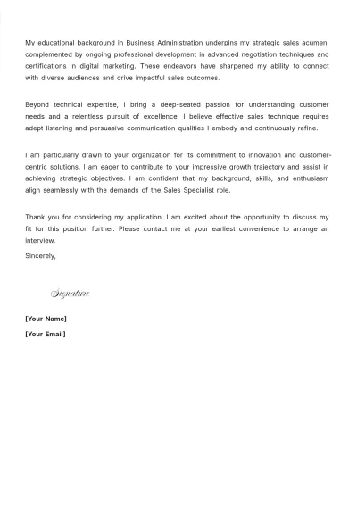 Free Professional Sales Specialist Cover Letter to Edit Online