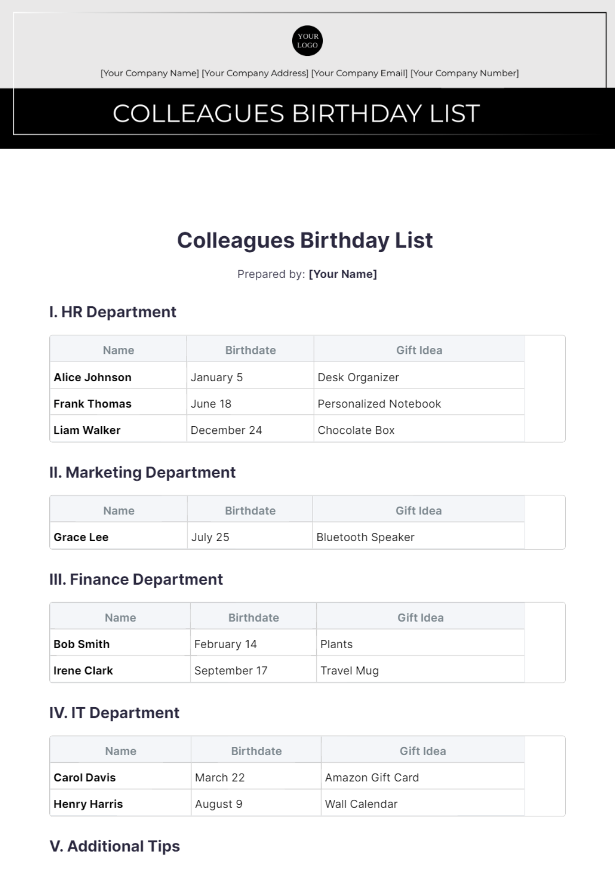 Colleagues Birthday List Template - Edit Online & Download