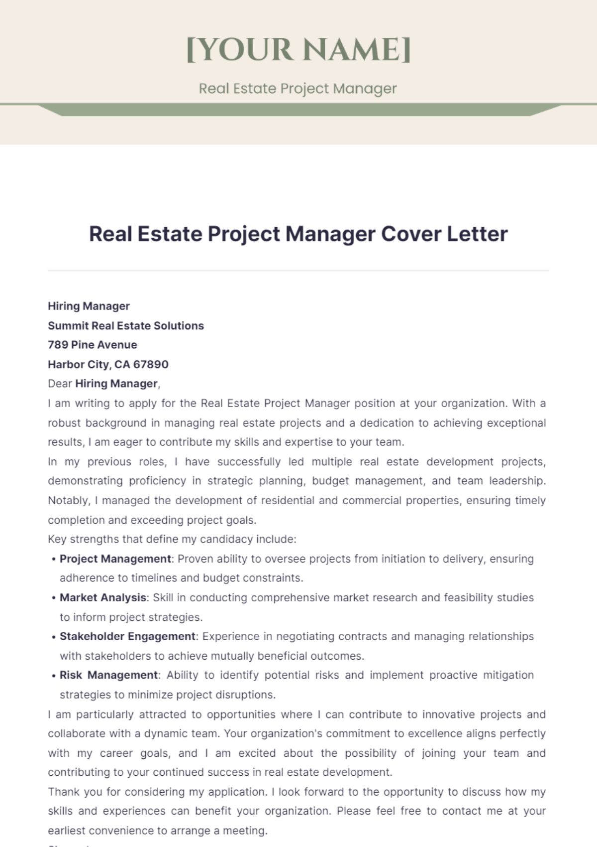 Real Estate Project Manager Cover Letter