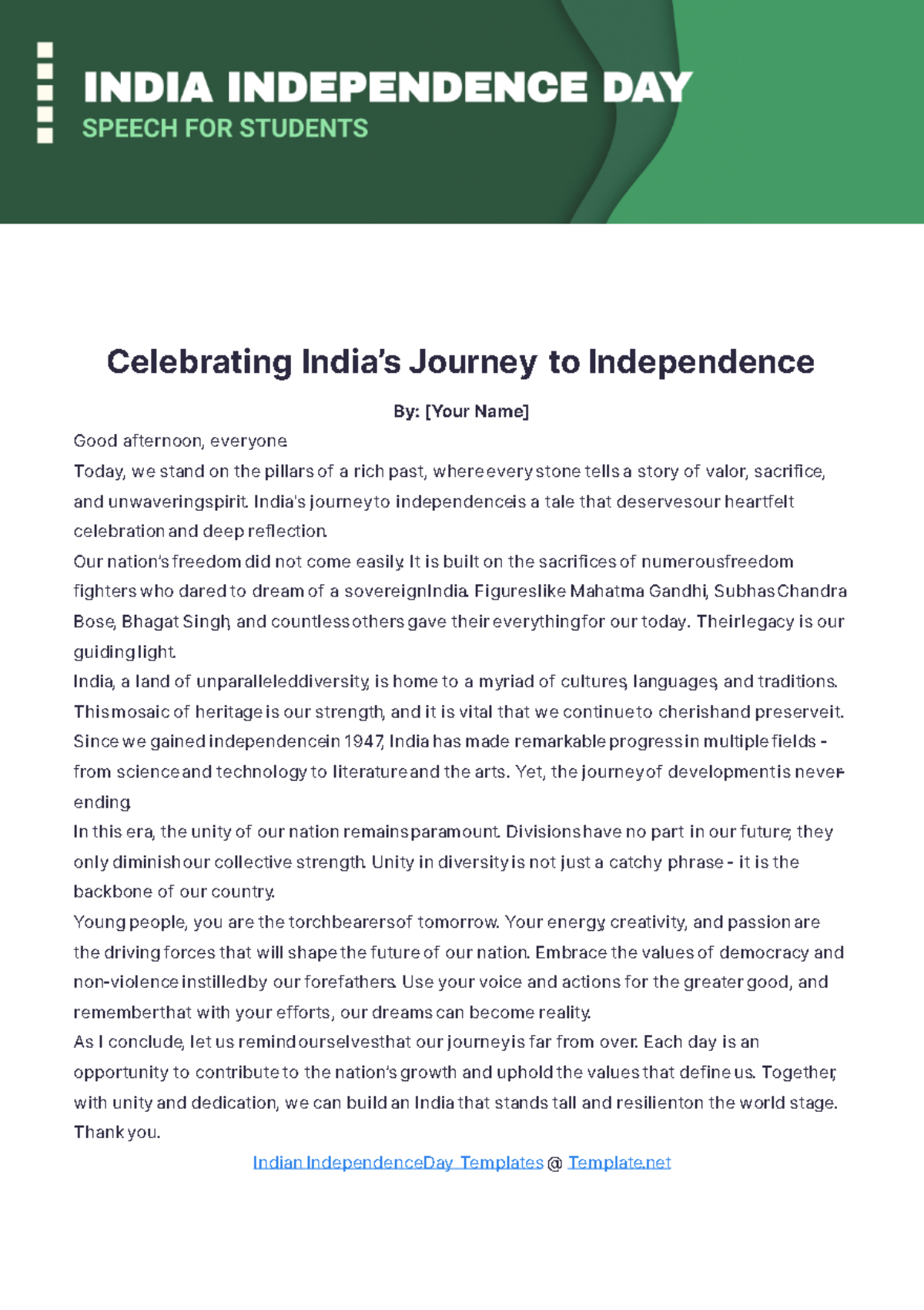 India Independence Day Speech for Students Template - Edit Online & Download