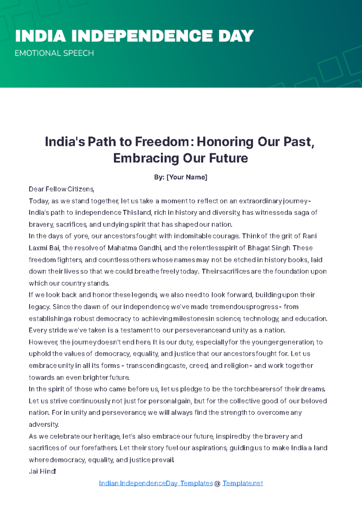 India Independence Day Emotional Speech Template - Edit Online & Download