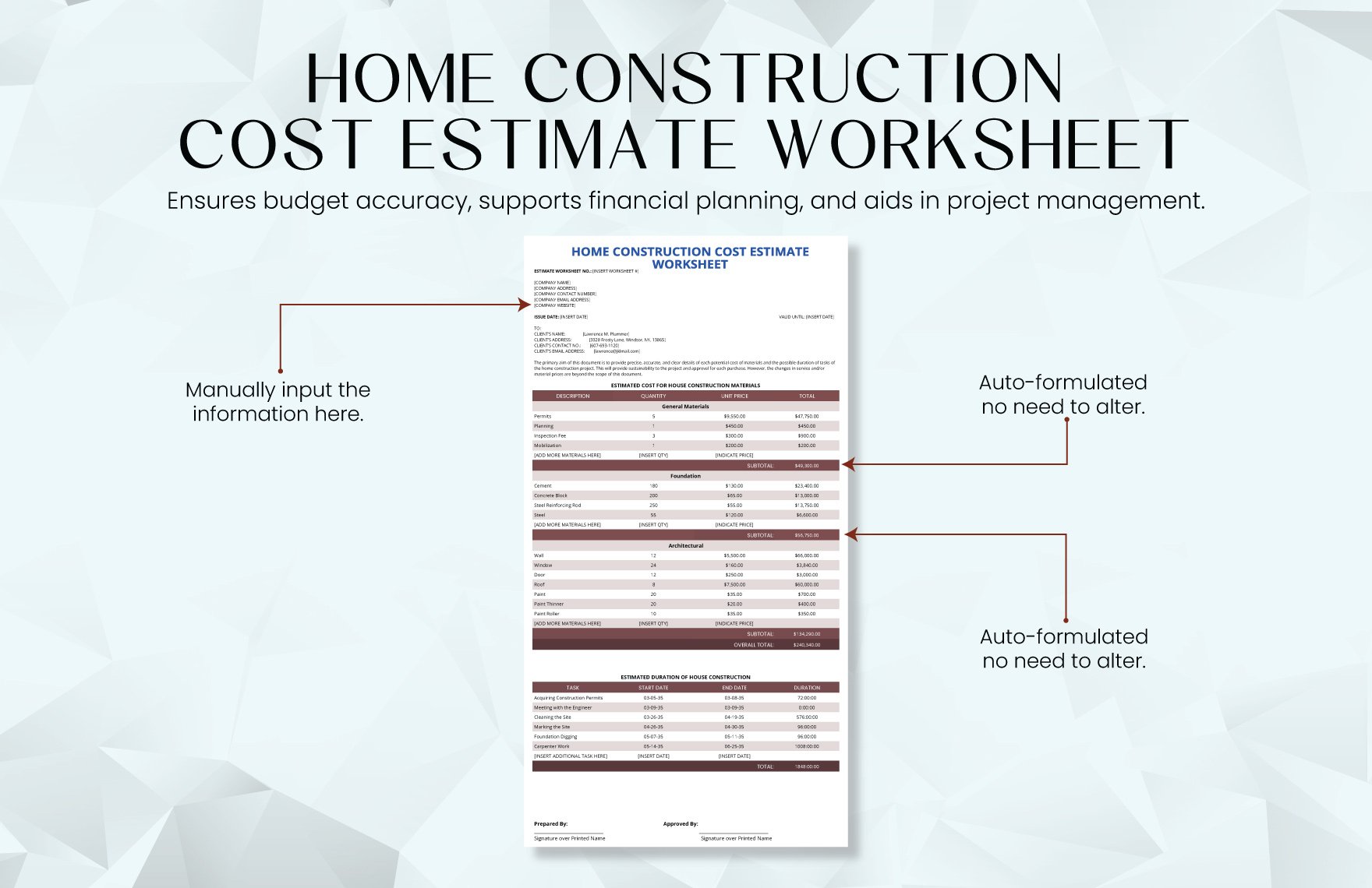 Home Construction Cost Estimate Worksheet Template