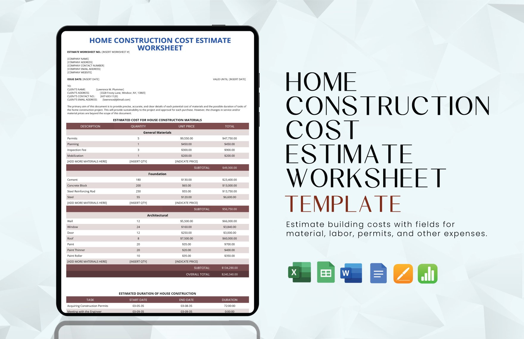 Home Construction Cost Estimate Worksheet Template in Word, Google Docs, Excel, Google Sheets, Apple Pages, Apple Numbers