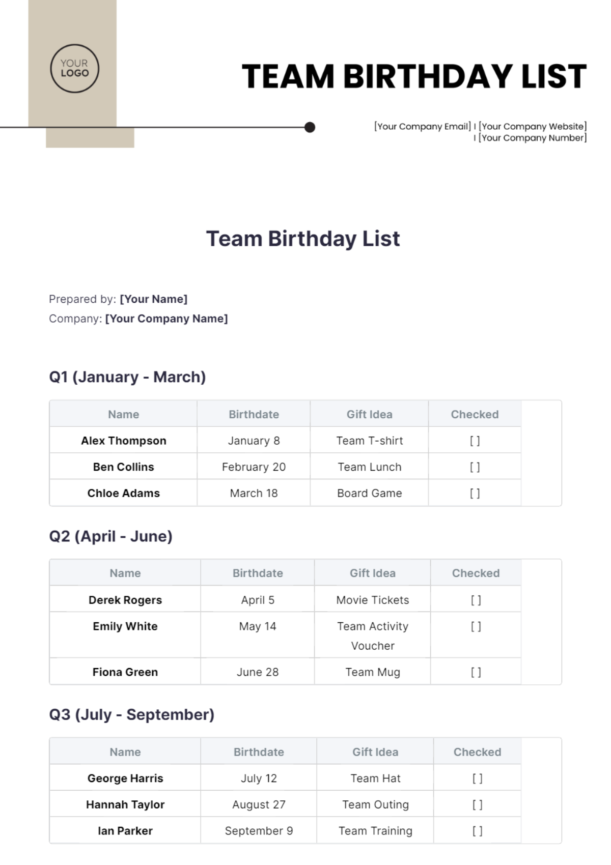 Team Birthday List Template - Edit Online & Download