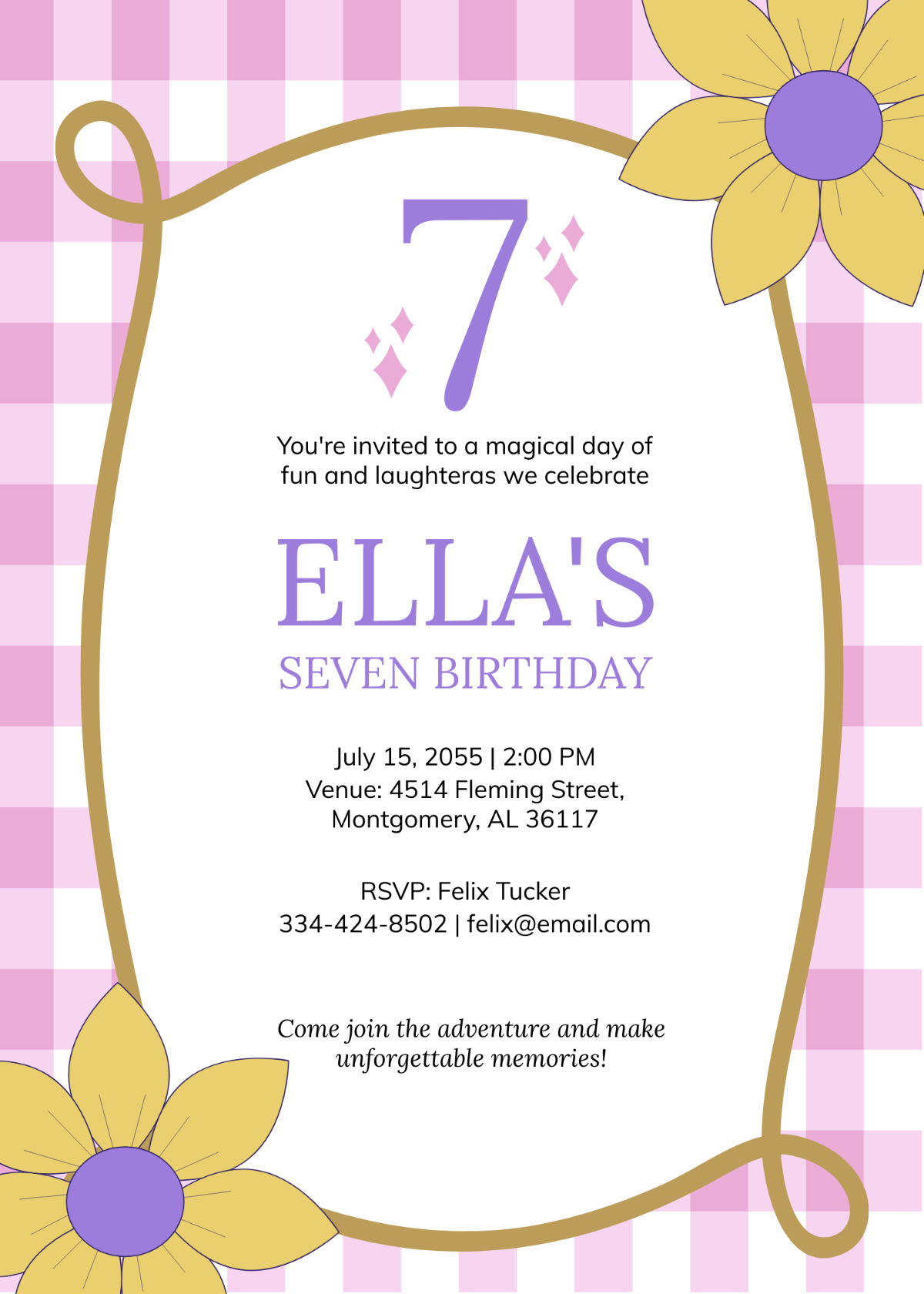 7th Birthday Purple Invitation