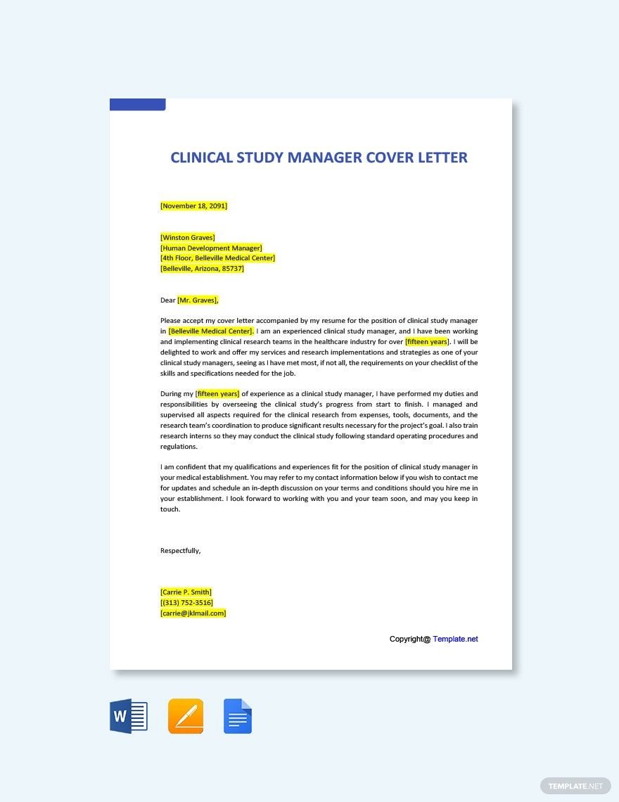 Free Clinical Study Manager Cover Letter Template