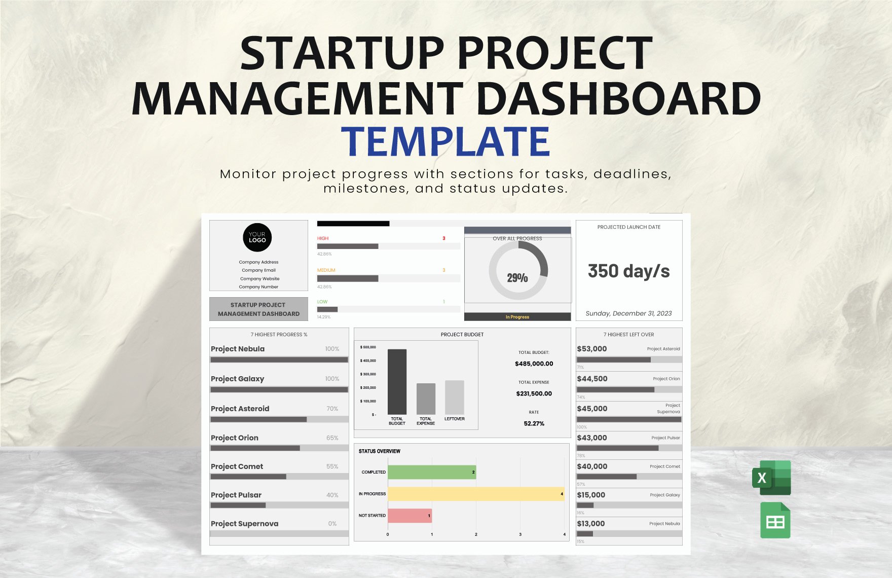 Startup Project Management Dashboard Template in Excel, Google Sheets