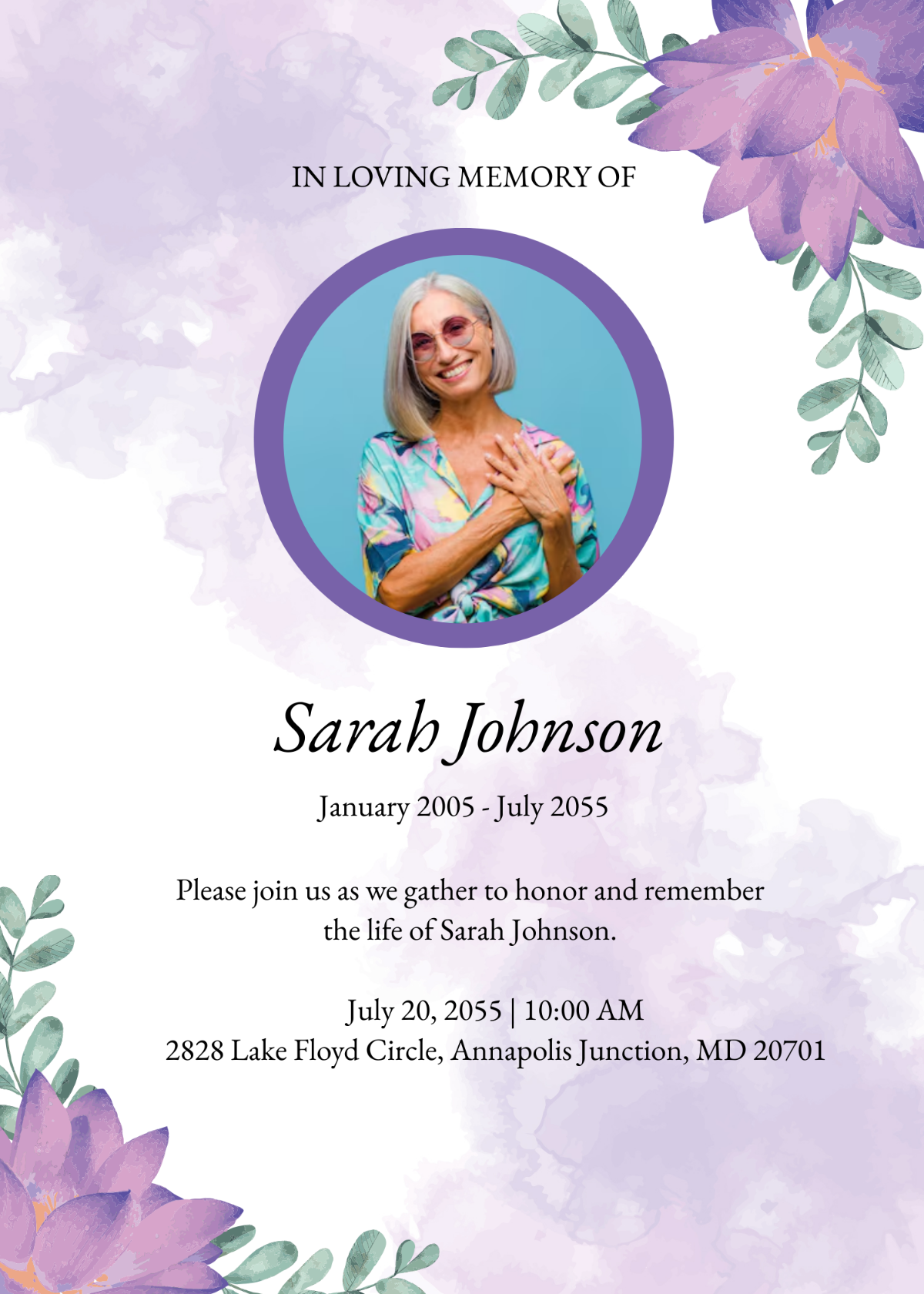 Purple Bloom Funeral Invitation