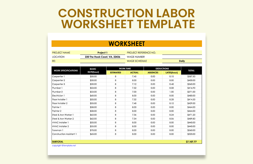 Construction Labor Worksheet Template