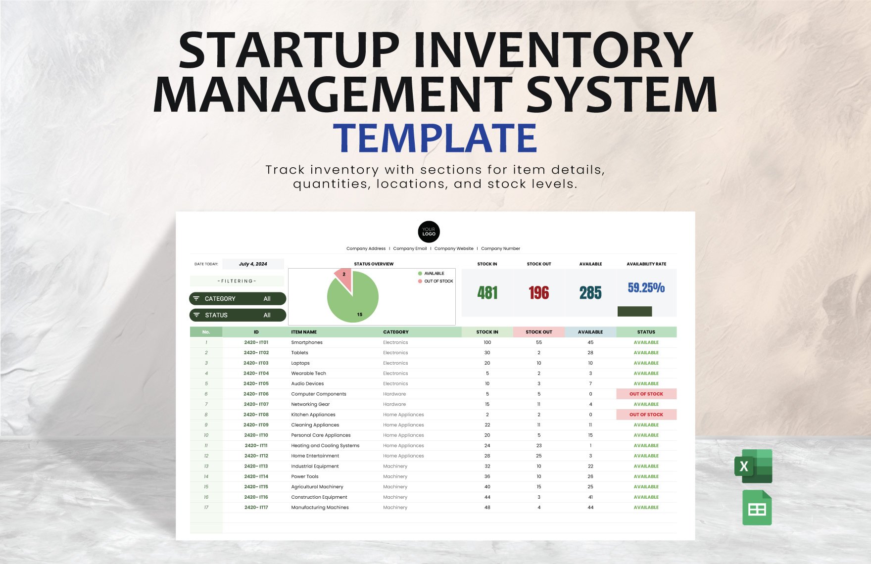 Startup Inventory Management System Template in Excel, Google Sheets