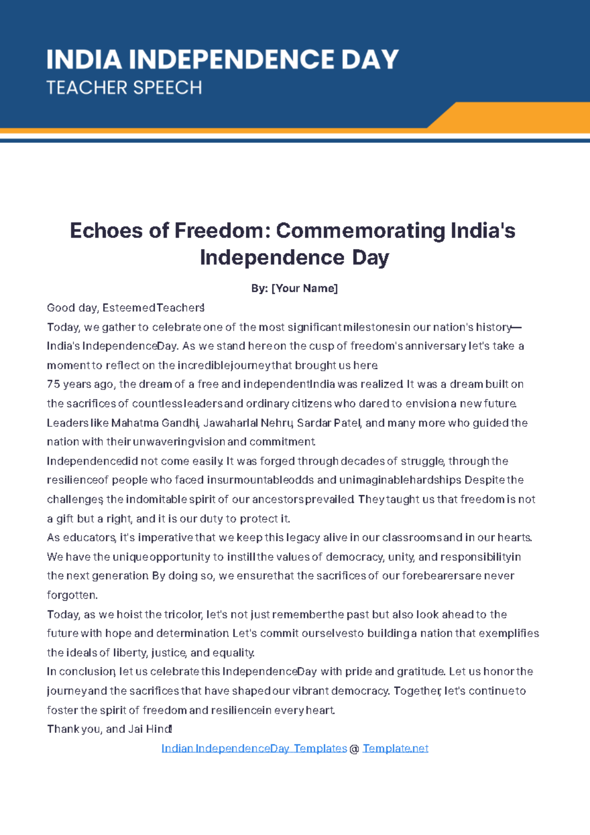 India Independence Day Teacher Speech Template - Edit Online & Download