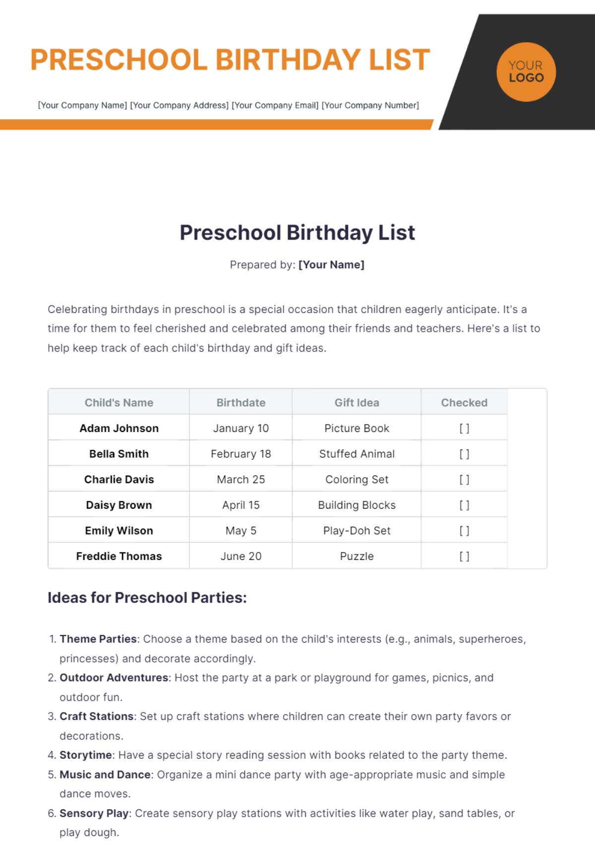 Preschool Birthday List Template - Edit Online & Download