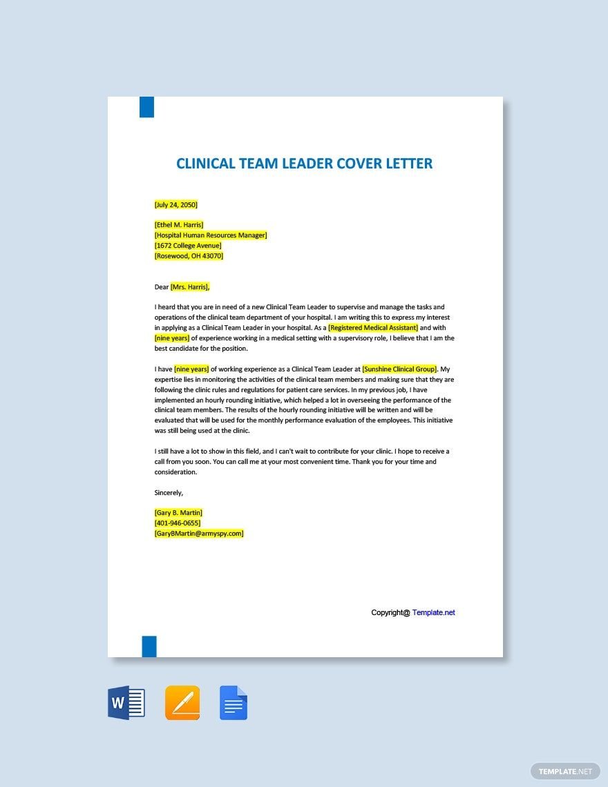 Clinical Team Leader Cover Letter Template