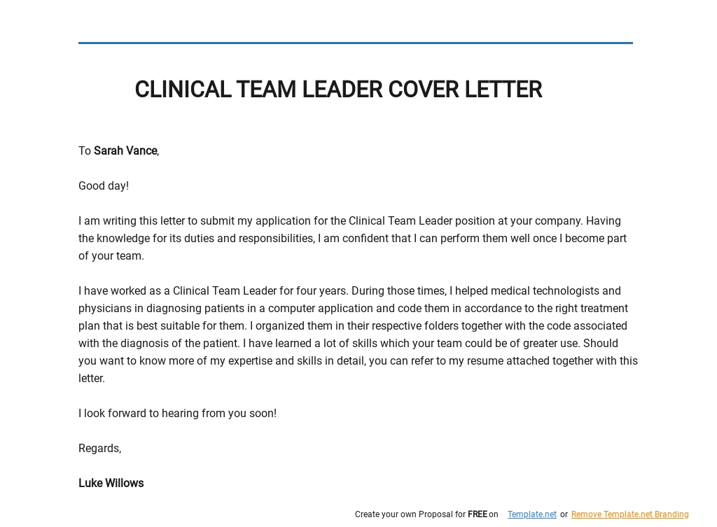 Free Clinical Team Leader Cover Letter Template.jpe