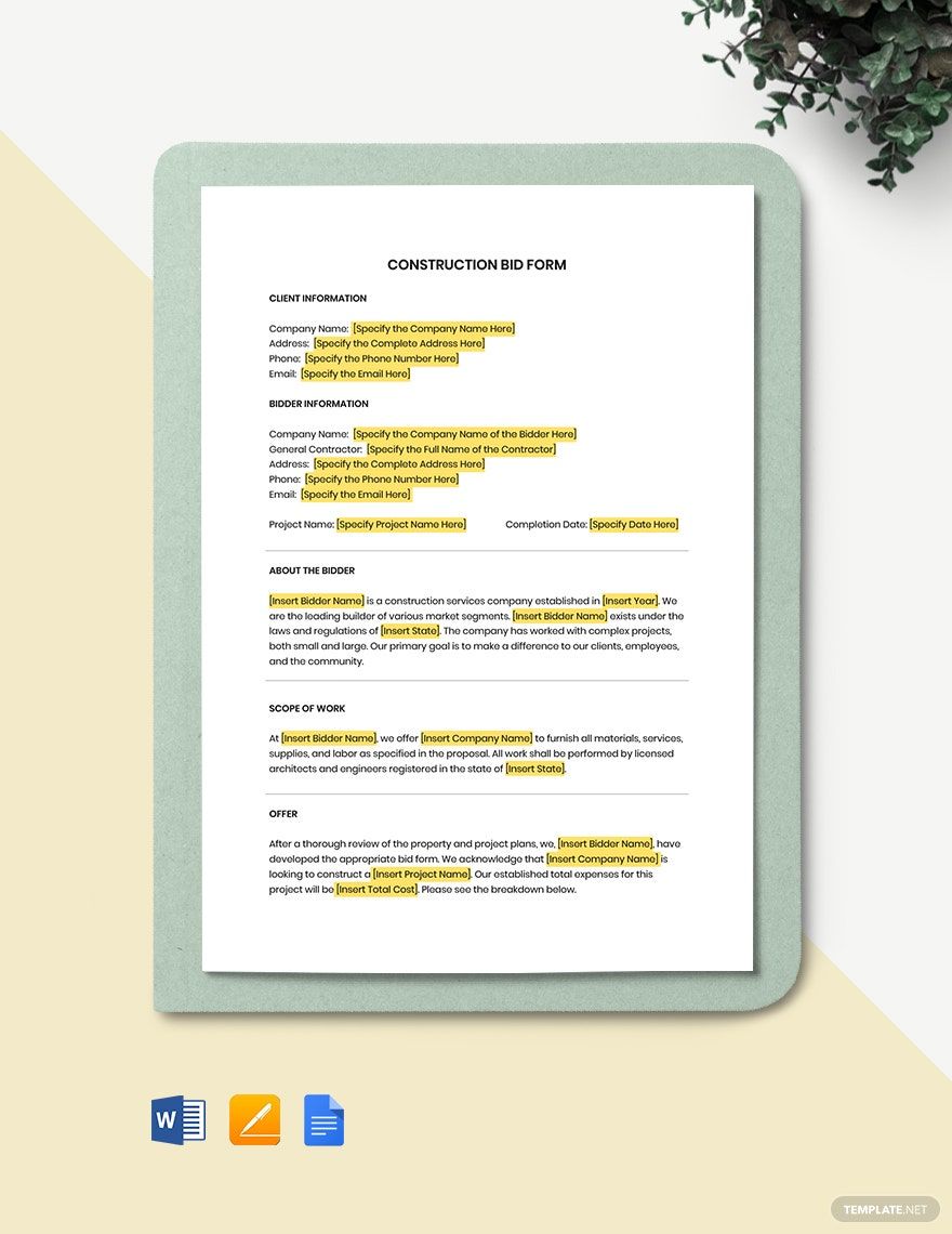 Construction Bid Form Template