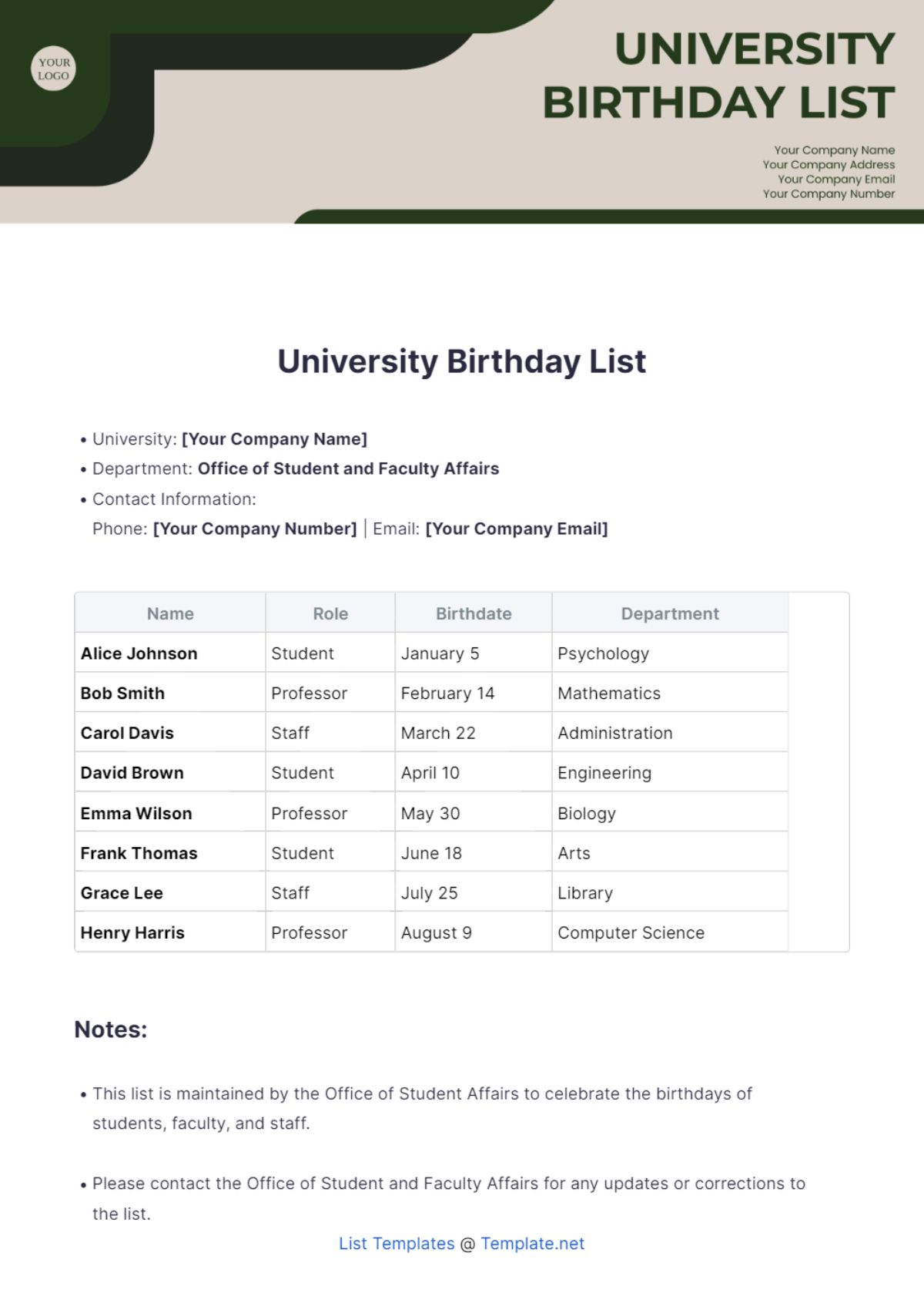 University Birthday List Template - Edit Online & Download