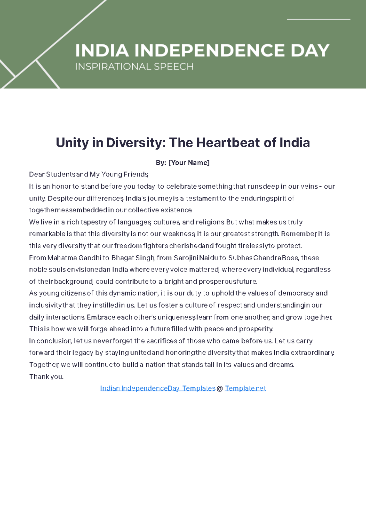 India Independence Day Inspirational Speech Template