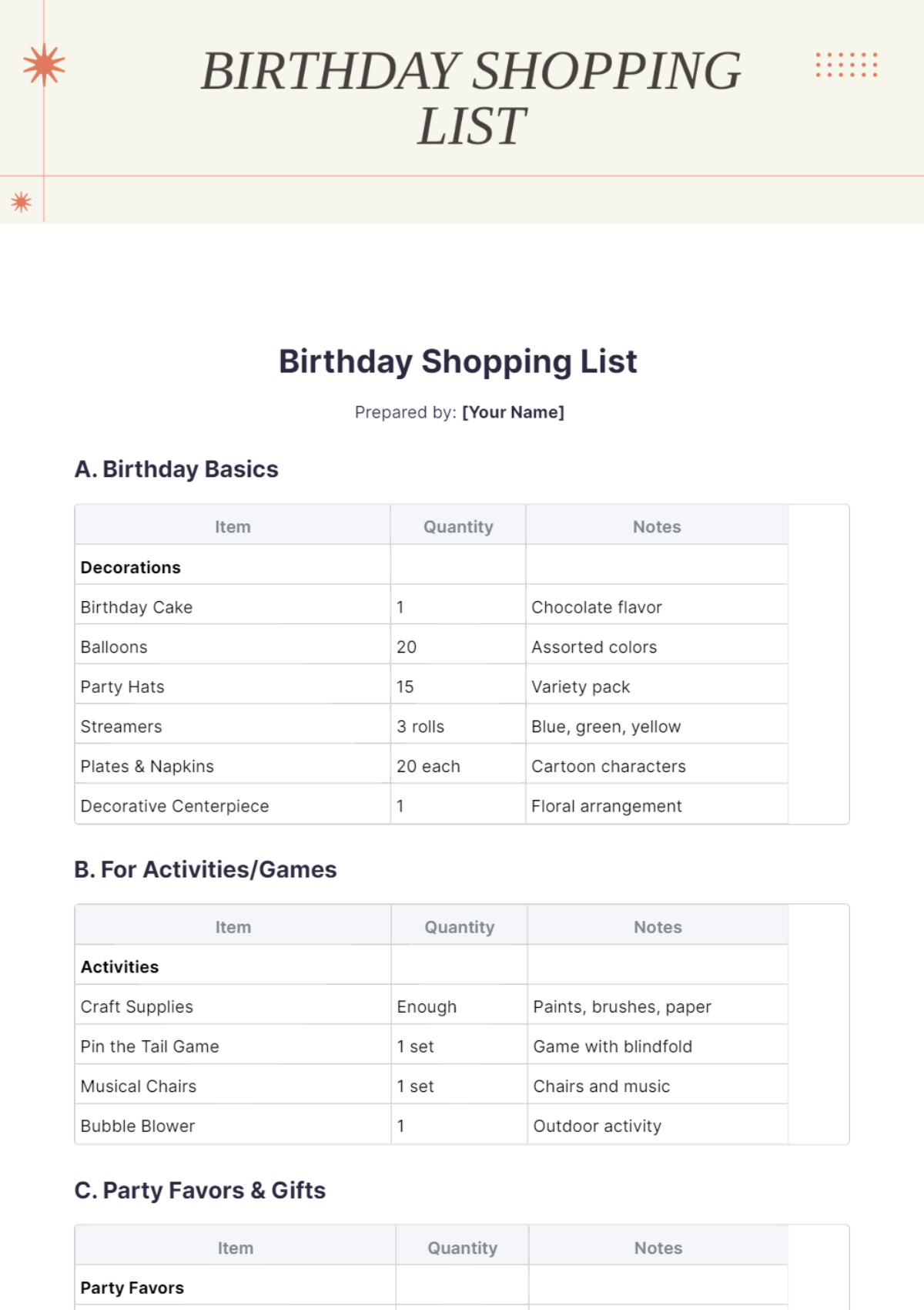 Birthday Shopping List Template - Edit Online & Download