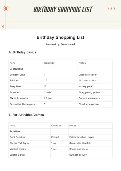 Free Birthday Shopping List Template to Edit Online