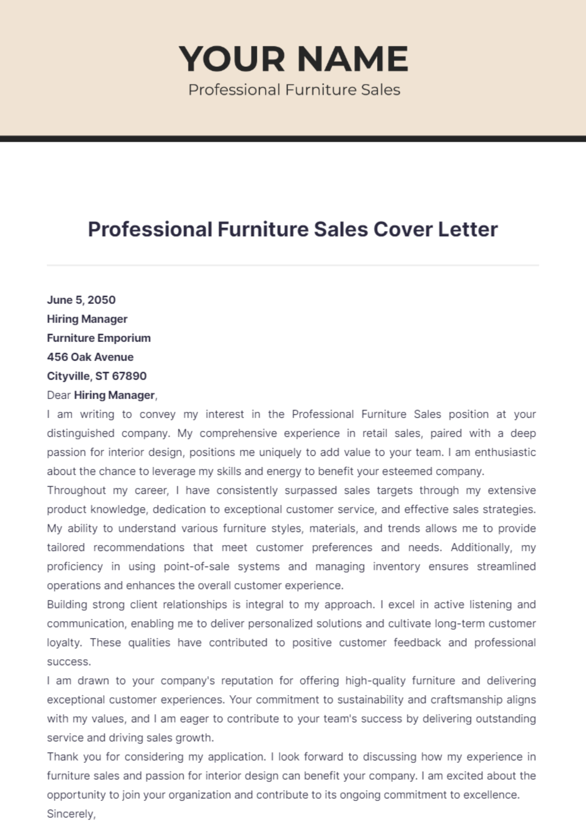 Professional Furniture Sales Cover Letter - Edit Online & Download