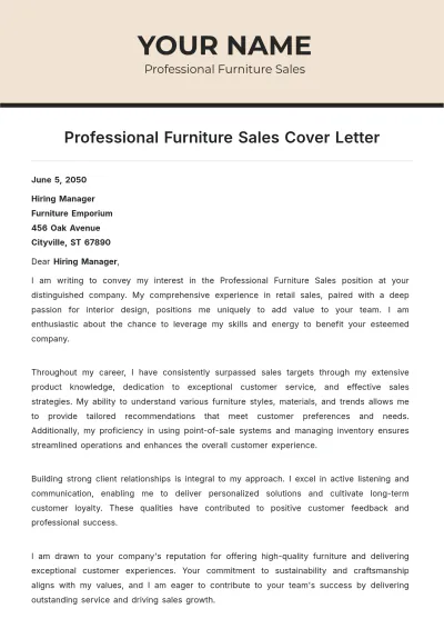 Free Professional Furniture Sales Cover Letter to Edit Online