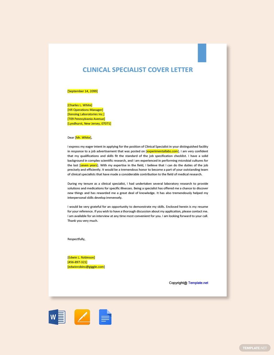 Clinical Specialist Cover Letter Template