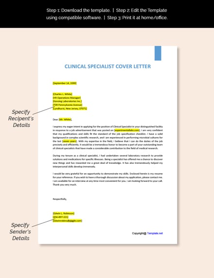 Clinical Specialist Cover Letter Template