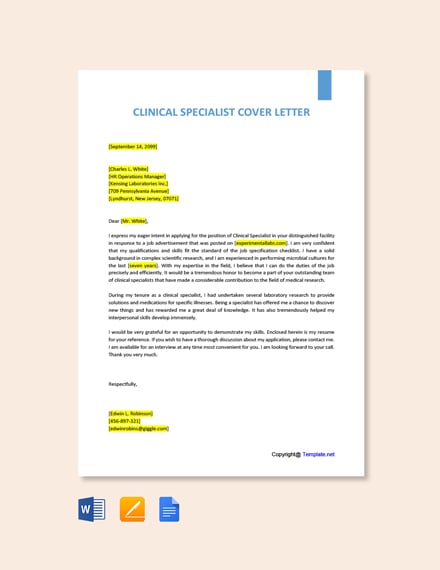 Clinical Specialist Cover Letter