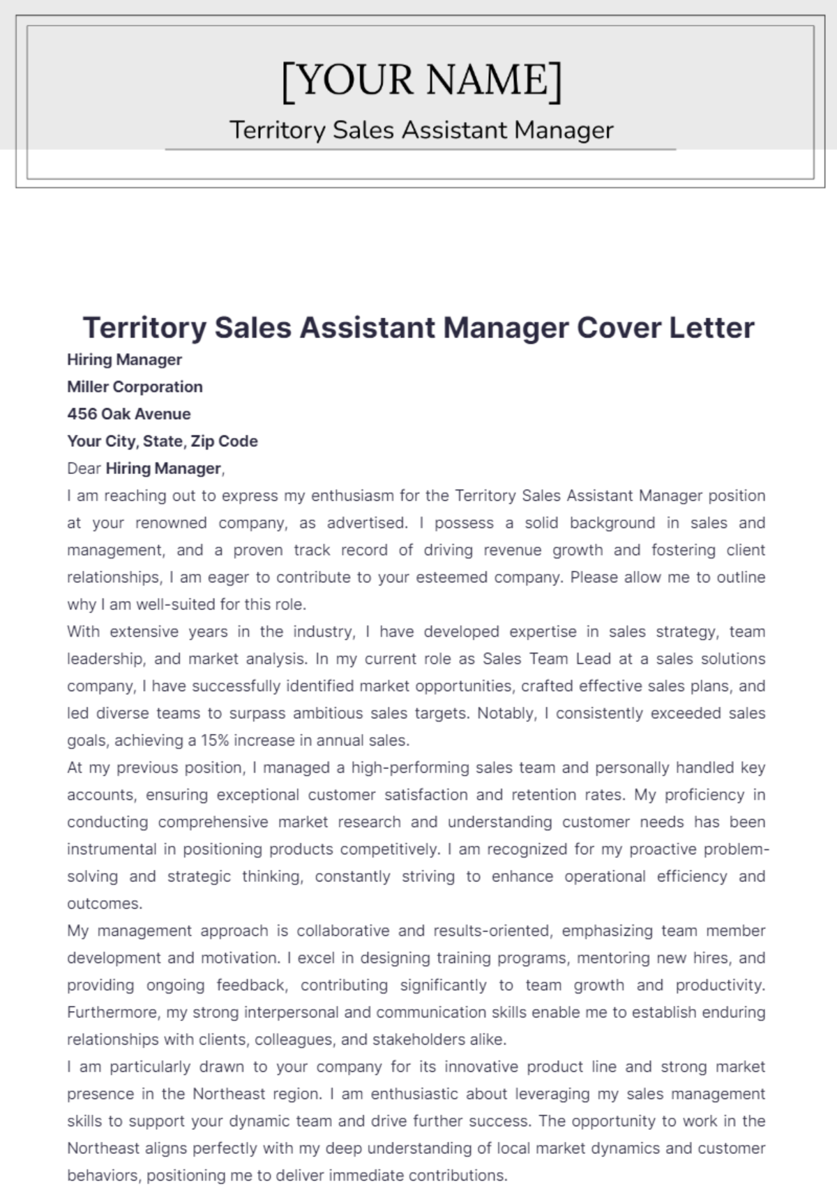 Territory Sales Assistant Manager Cover Letter