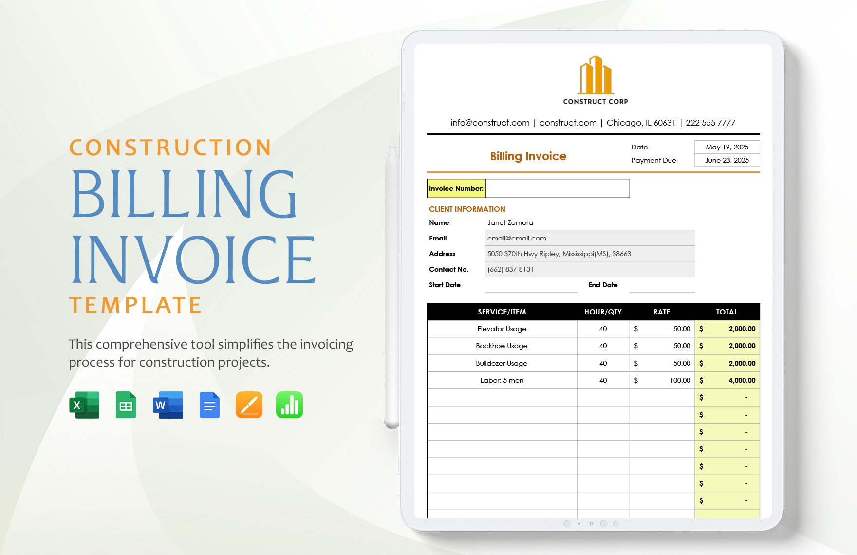 Construction Billing Invoice Template in Word, Google Docs, Excel, Google Sheets, Apple Pages, Apple Numbers