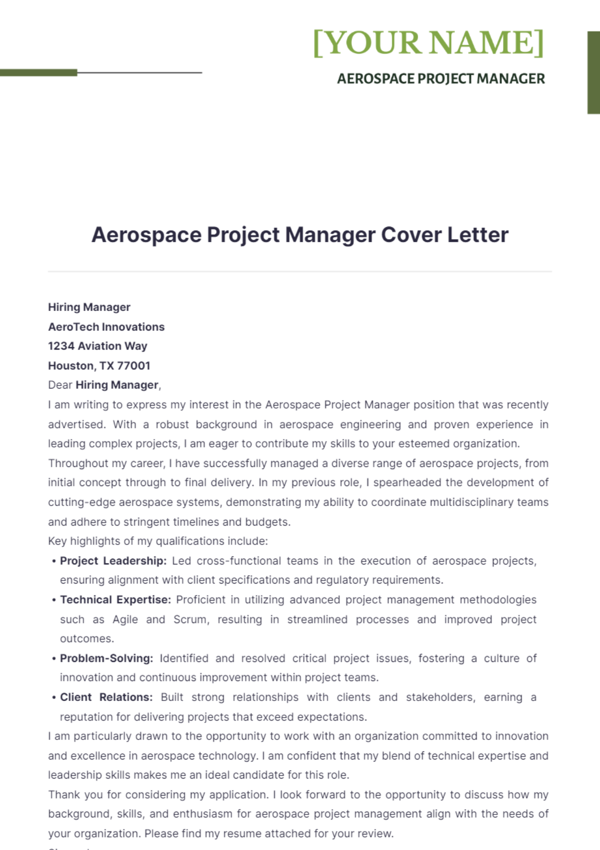 Aerospace Project Manager Cover Letter