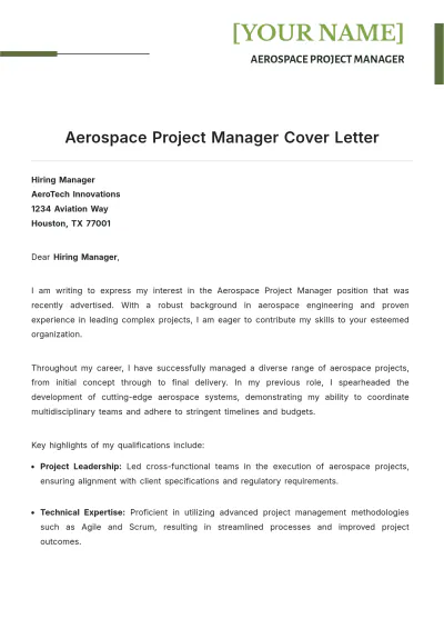 Free Aerospace Project Manager Cover Letter to Edit Online