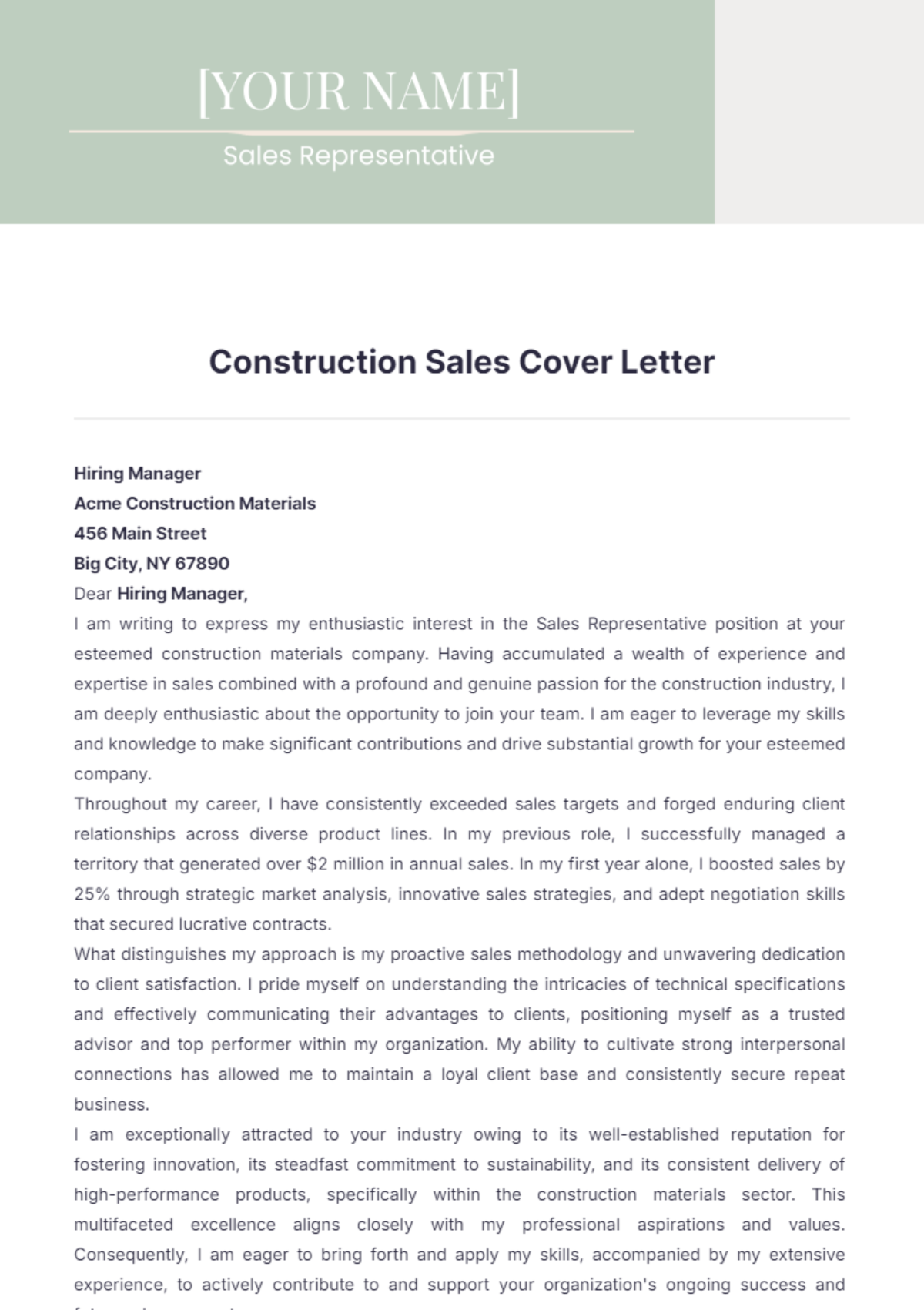 Construction Sales Cover Letter