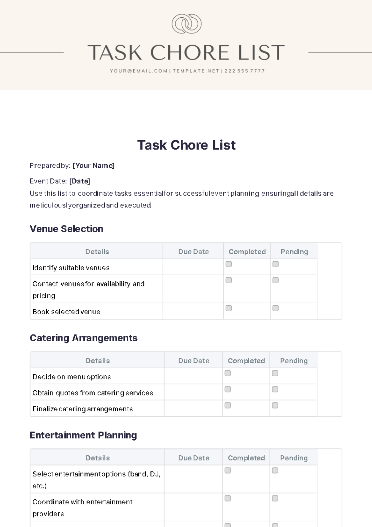 Task Chore List Template