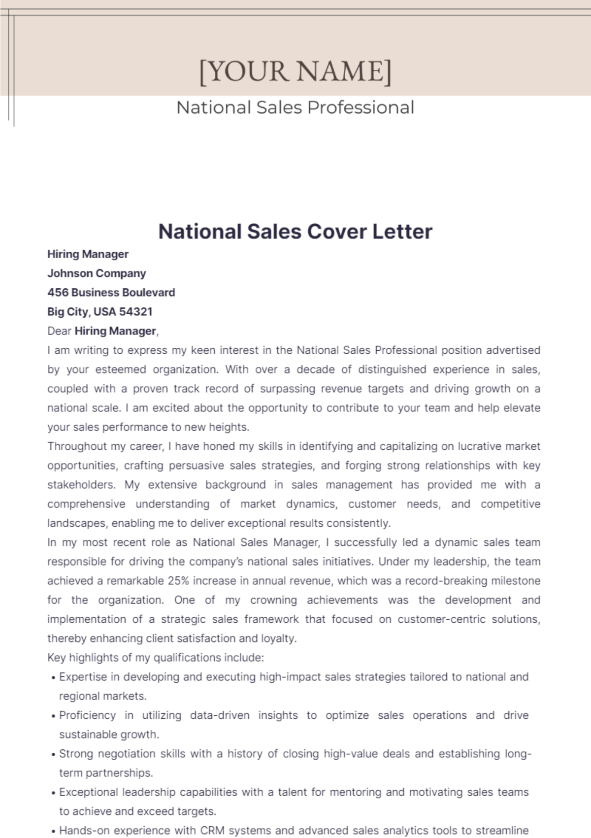 National Sales Cover Letter