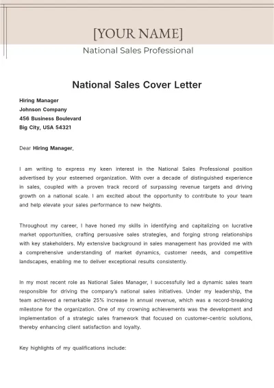 Free National Sales Cover Letter to Edit Online