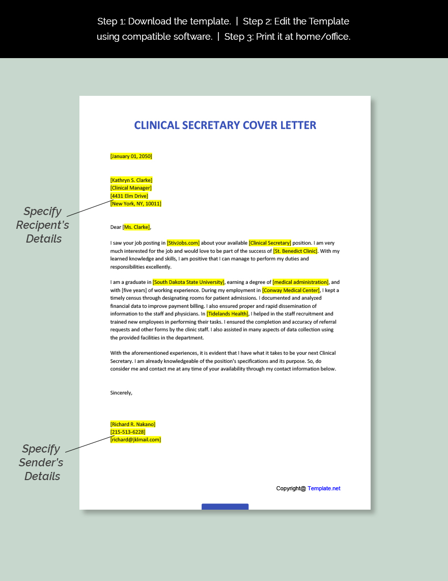 Clinical Secretary Cover Letter Template
