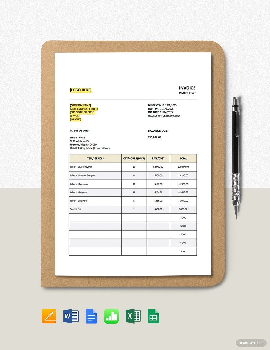 Service Tax Calculation Invoice Template in Word, Google Docs, Excel, Google Sheets, Apple Pages, Apple Numbers