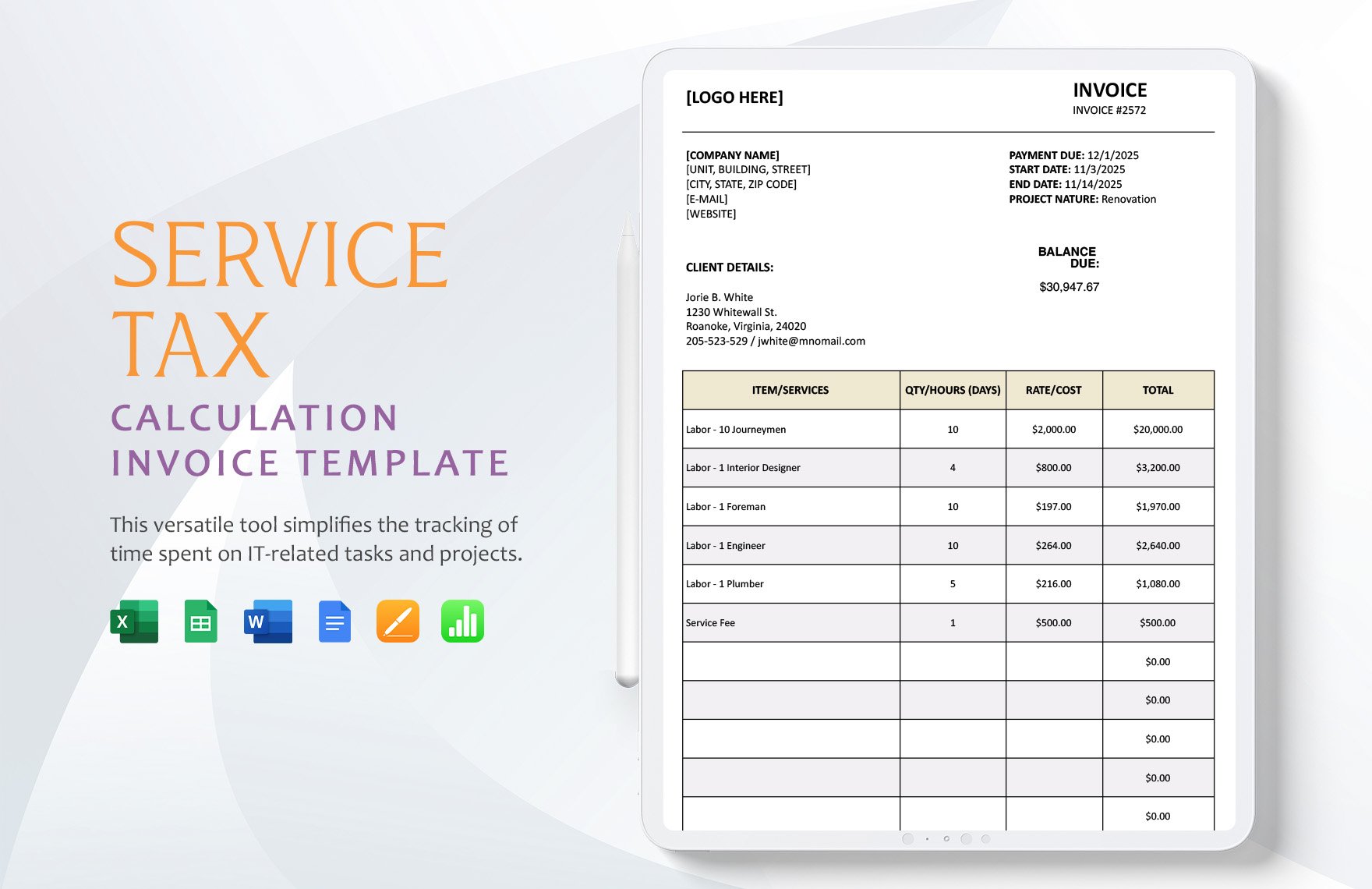 Service Tax Calculation Invoice Template in Word, Google Docs, Excel, Google Sheets, Apple Pages, Apple Numbers