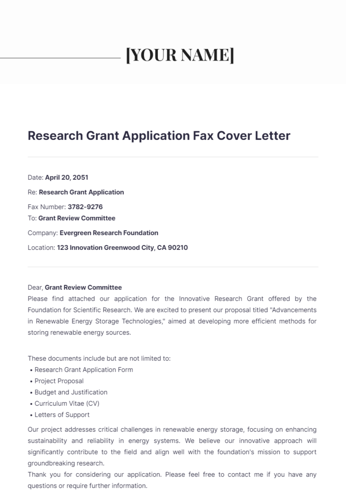 Research Grant Application Fax Cover Letter - Edit Online & Download