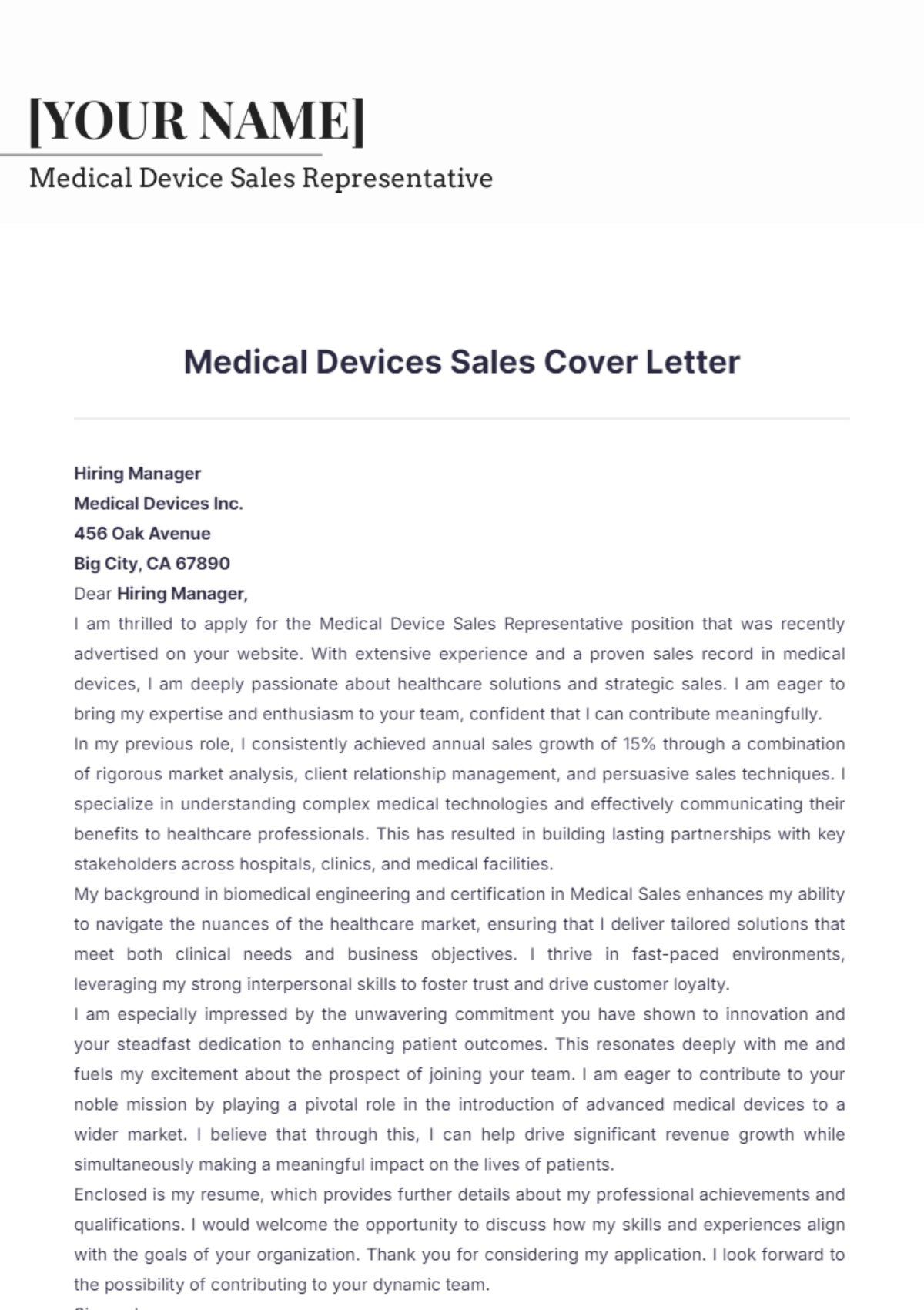 Medical Devices Sales Cover Letter