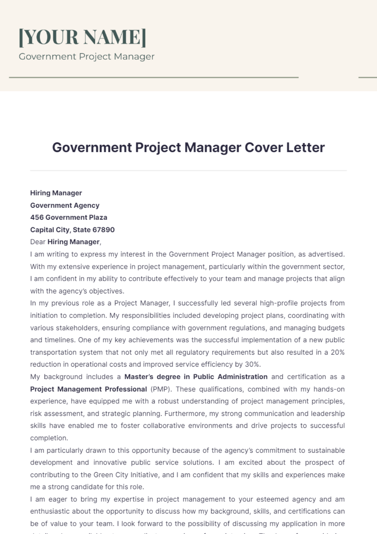 Government Project Manager Cover Letter - Edit Online & Download