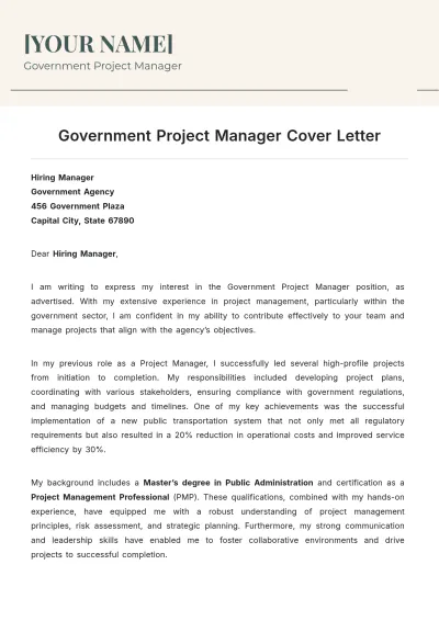 Free Government Project Manager Cover Letter to Edit Online