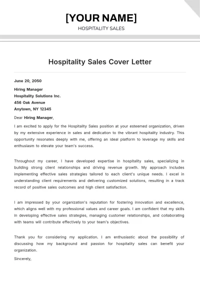 Free Hospitality Sales Cover Letter to Edit Online