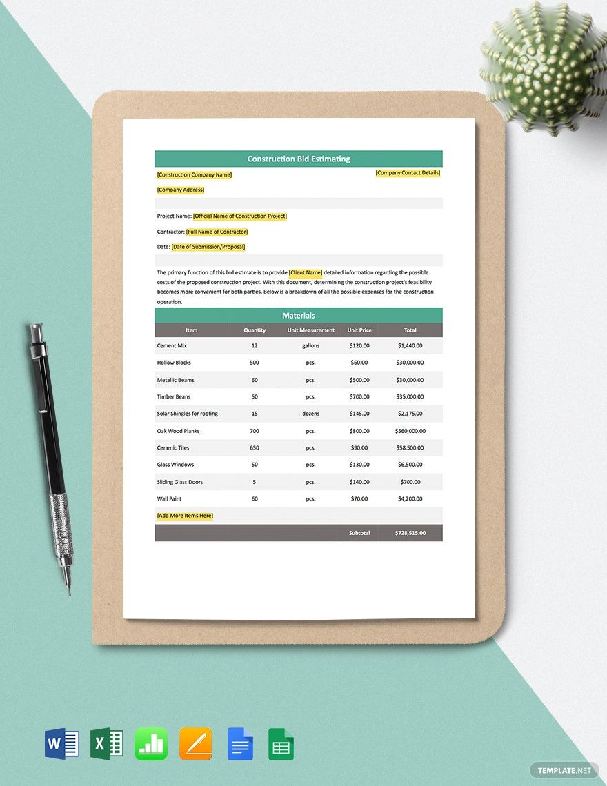 Construction Bid Excel Templates Spreadsheet, Free, Download