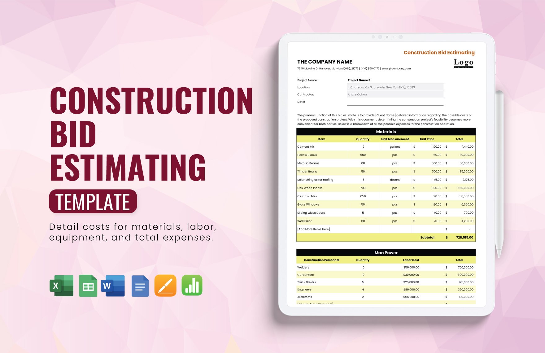 Construction Bid Estimating Template in Word, Google Docs, Excel, Google Sheets, Apple Pages, Apple Numbers