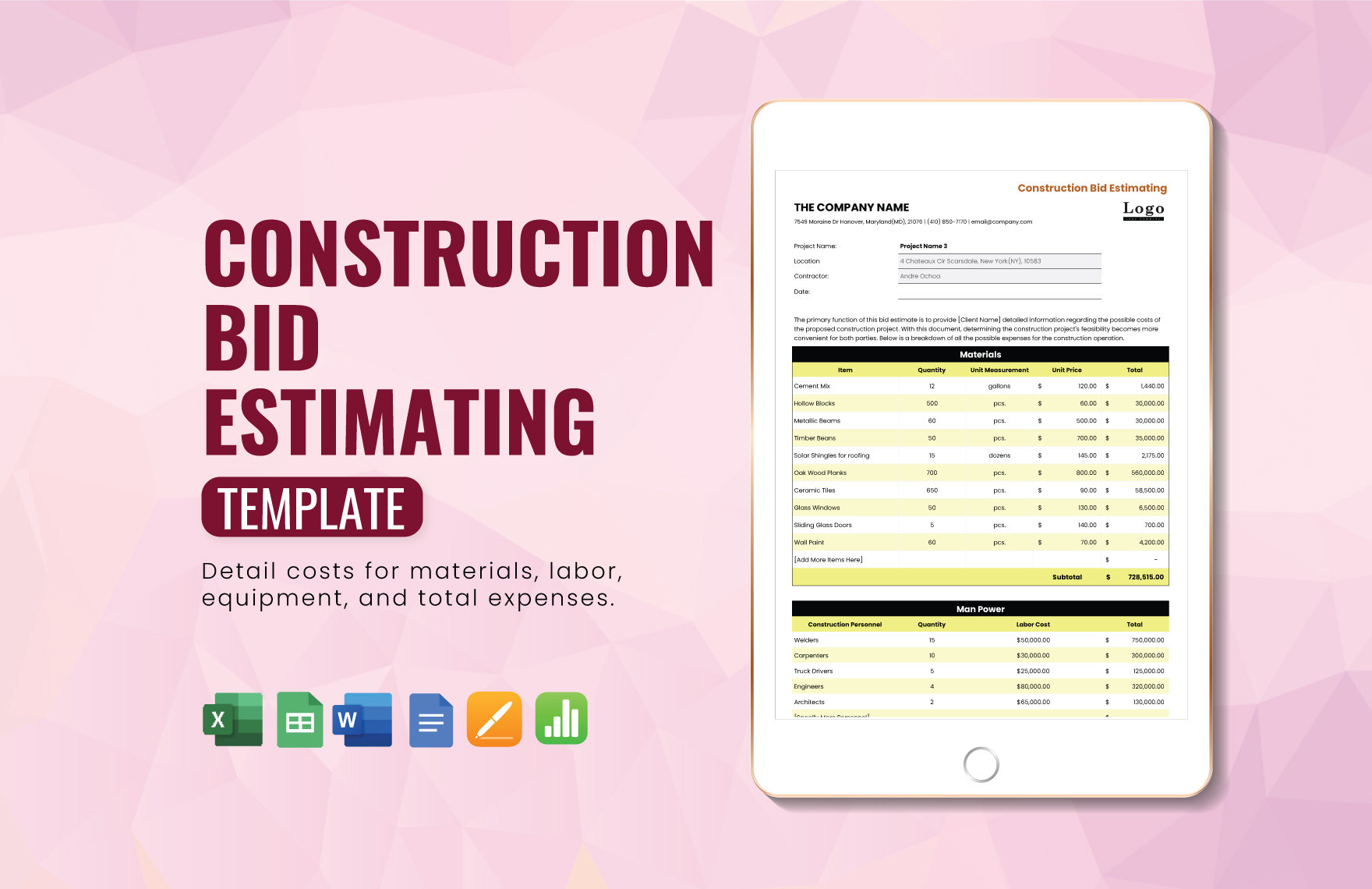 Construction Bid Estimating Template in Word, Google Docs, Apple Pages, Apple Numbers, Excel, Google Sheets - Download | Template.net