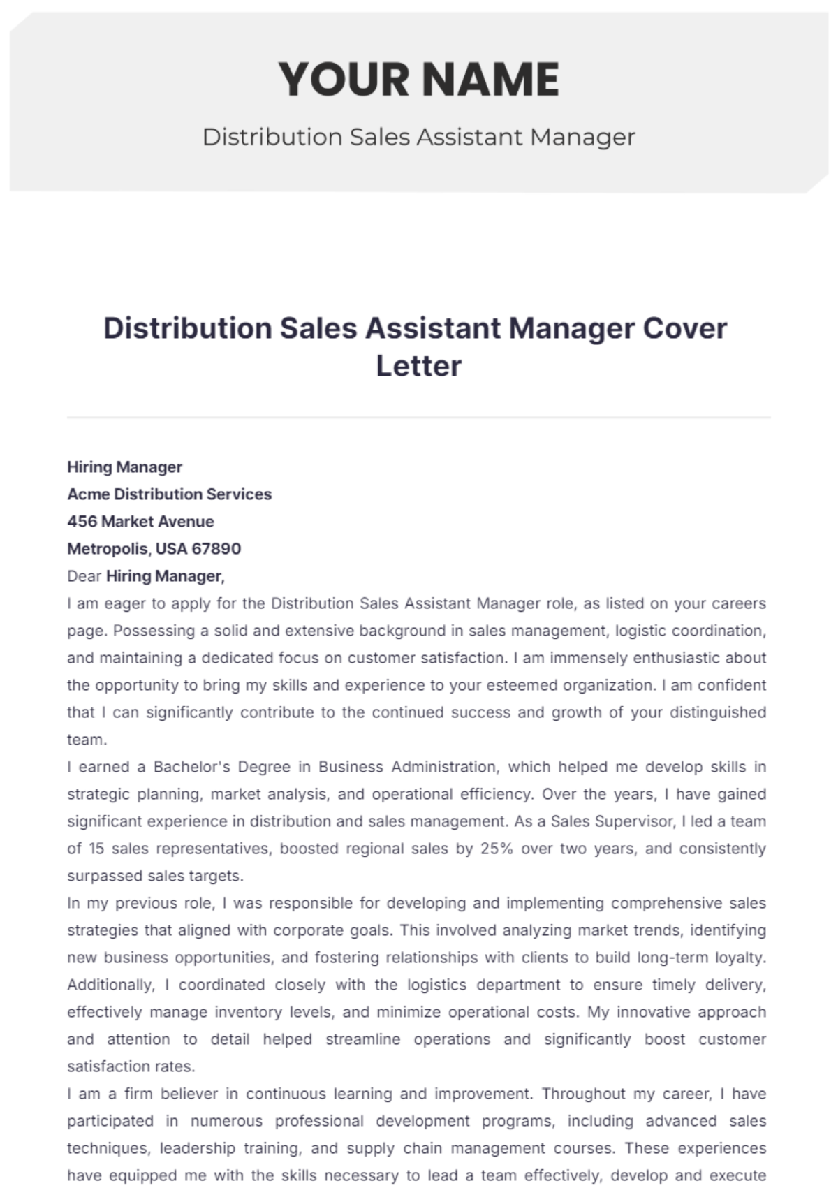 Distribution Sales Assistant Manager Cover Letter - Edit Online & Download